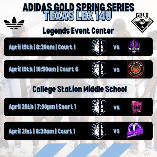 Coaches‼️ ⬇️ Our 14, 15U 3SG rosters competing in the 15U Gold Division! Be sure to stop by and check out some of our talented youngsters! ⬇️ Our April live period schedule 📍 Bryan, TX #AdidasGirls /// #AdidasBasketball