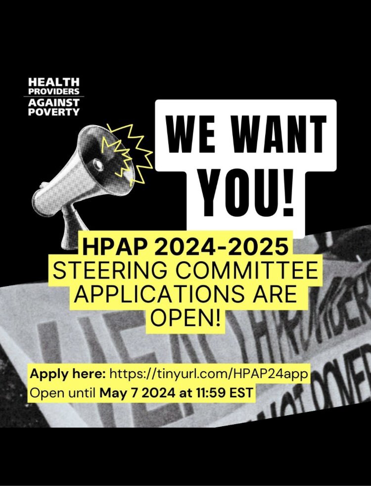 Apply for a position in our steering committee for 2024-25! Apply here:  tinyurl.com/HPAP24app We are looking for healthcare, social care or anti poverty workers who want to join us in the fight for healthcare to have a strong voice against poverty and injustice!