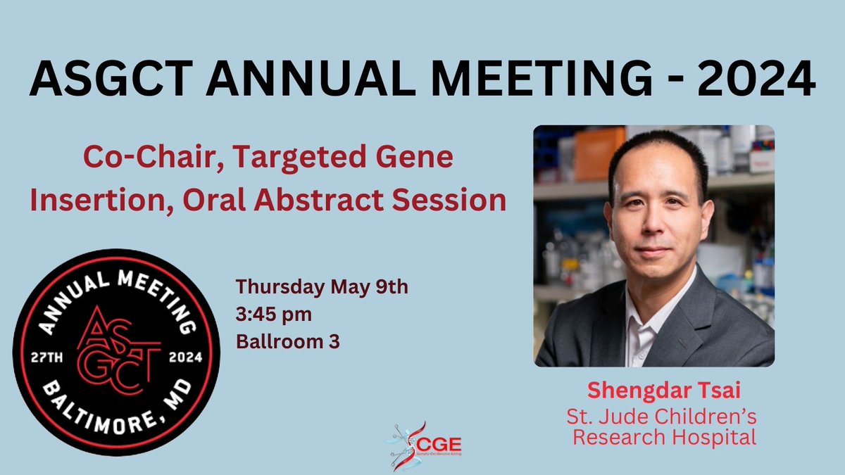 SCGE Researcher Shengdar Tsai (@shengdarqtsai) is co-chairing a session on targeted gene insertion today at #ASGCT2024. Check it out!