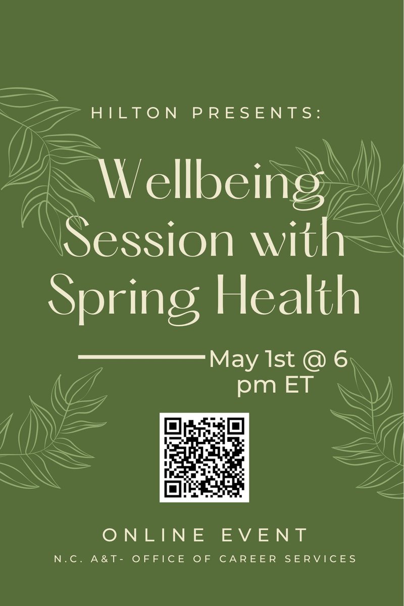 As May approaches it is important to highlight Mental Health Awareness Month! Hilton Presents: Welling Session with Spring Health. Use this link for more information ncat.joinhandshake.com/events/1527712… #ncat24 #ncat25 #ncat26 #ncat27 #mentalhealthawarenessmonth💚