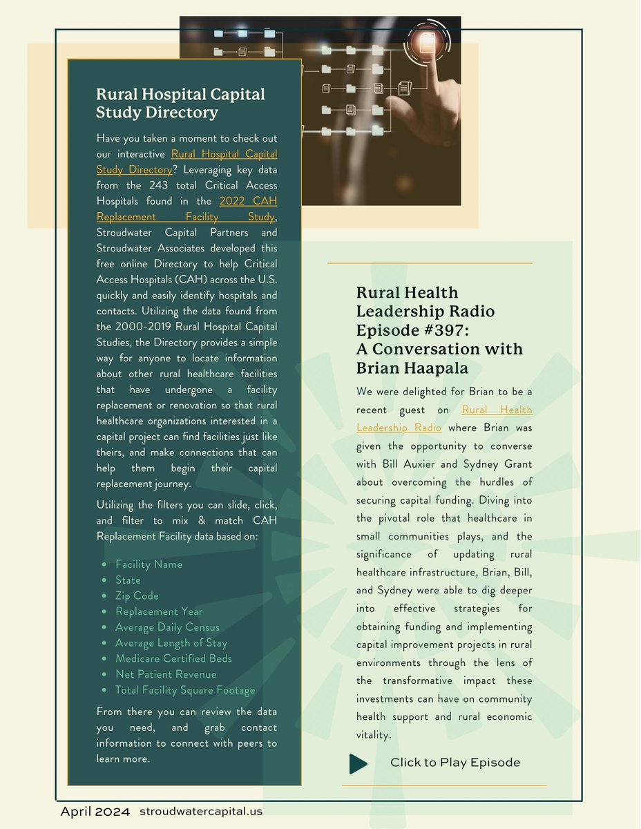 StroudwaterCap's tweet photo. Current USDA Direct Loan Rate, Getting Past Stop, tuning in, the Birthplace of Jazz, and more. Click through to read Stroudwater Capital Partners - Rural Healthcare Q2 newsletter for details.

SCP 2024 Quarter 2 Newsletter:
https://t.co/02bvV6Jh3M

#ruralhealth #ruralhealthcare #criticalaccesshospitals #usda #communityfacilities #ruralnews #stroudwatercapital
