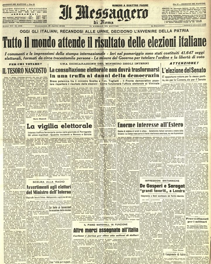 Montecitorio's tweet photo. Il #18aprile 1948 quasi 30 milioni di italiani si recano alle urne per eleggere il primo #Parlamento dell’era repubblicana. 

La giornata elettorale sulle pagine dei giornali, conservati presso la Biblioteca della Camera dei deputati. https://t.co/FLOGUAeU7x