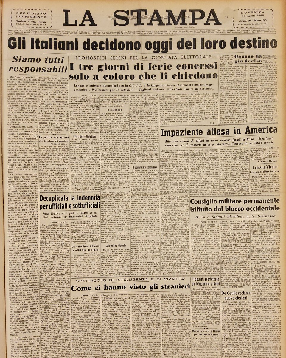 Montecitorio's tweet photo. Il #18aprile 1948 quasi 30 milioni di italiani si recano alle urne per eleggere il primo #Parlamento dell’era repubblicana. 

La giornata elettorale sulle pagine dei giornali, conservati presso la Biblioteca della Camera dei deputati. https://t.co/FLOGUAeU7x