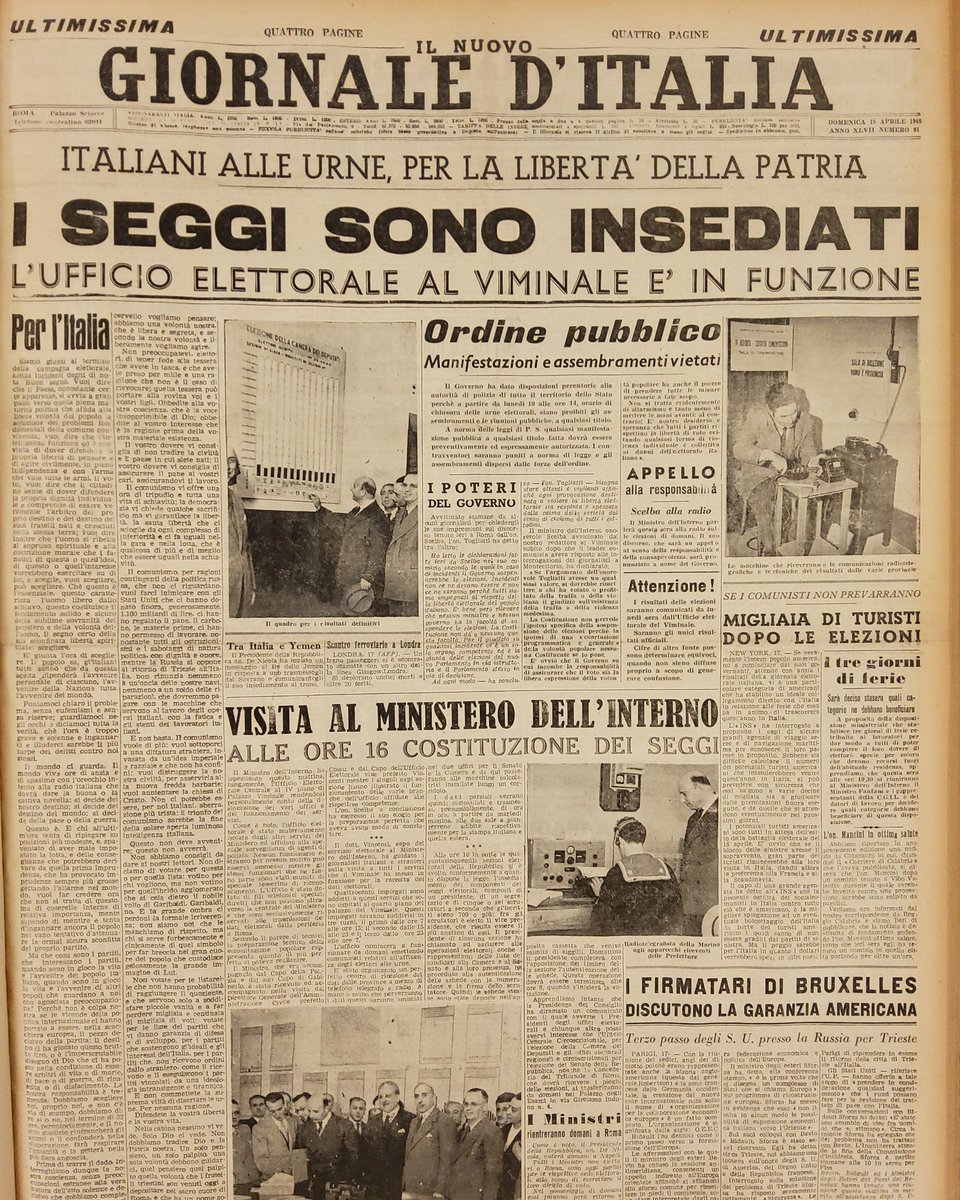 Montecitorio's tweet photo. Il #18aprile 1948 quasi 30 milioni di italiani si recano alle urne per eleggere il primo #Parlamento dell’era repubblicana. 

La giornata elettorale sulle pagine dei giornali, conservati presso la Biblioteca della Camera dei deputati. https://t.co/FLOGUAeU7x