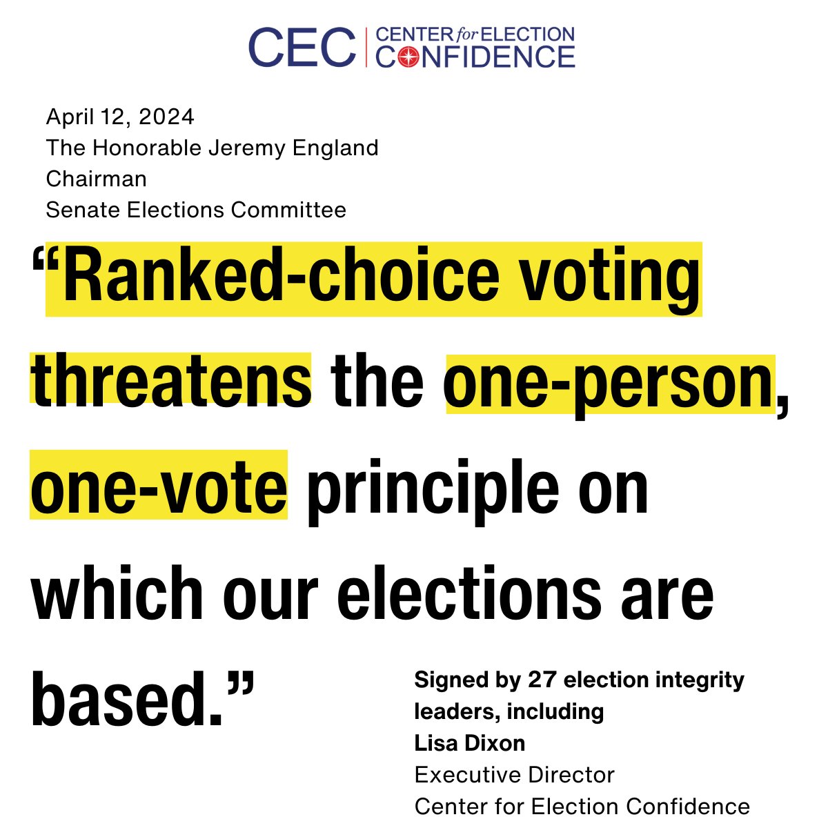 CEC Executive Director Lisa Dixon and 26 other election integrity leaders signed a letter praising @JeremyEnglandMS  for 'taking action to address the next big threat to election integrity and voter confidence: 
ranked-choice voting.' 
@TheFGA @AMACAction @GinaSwoboda