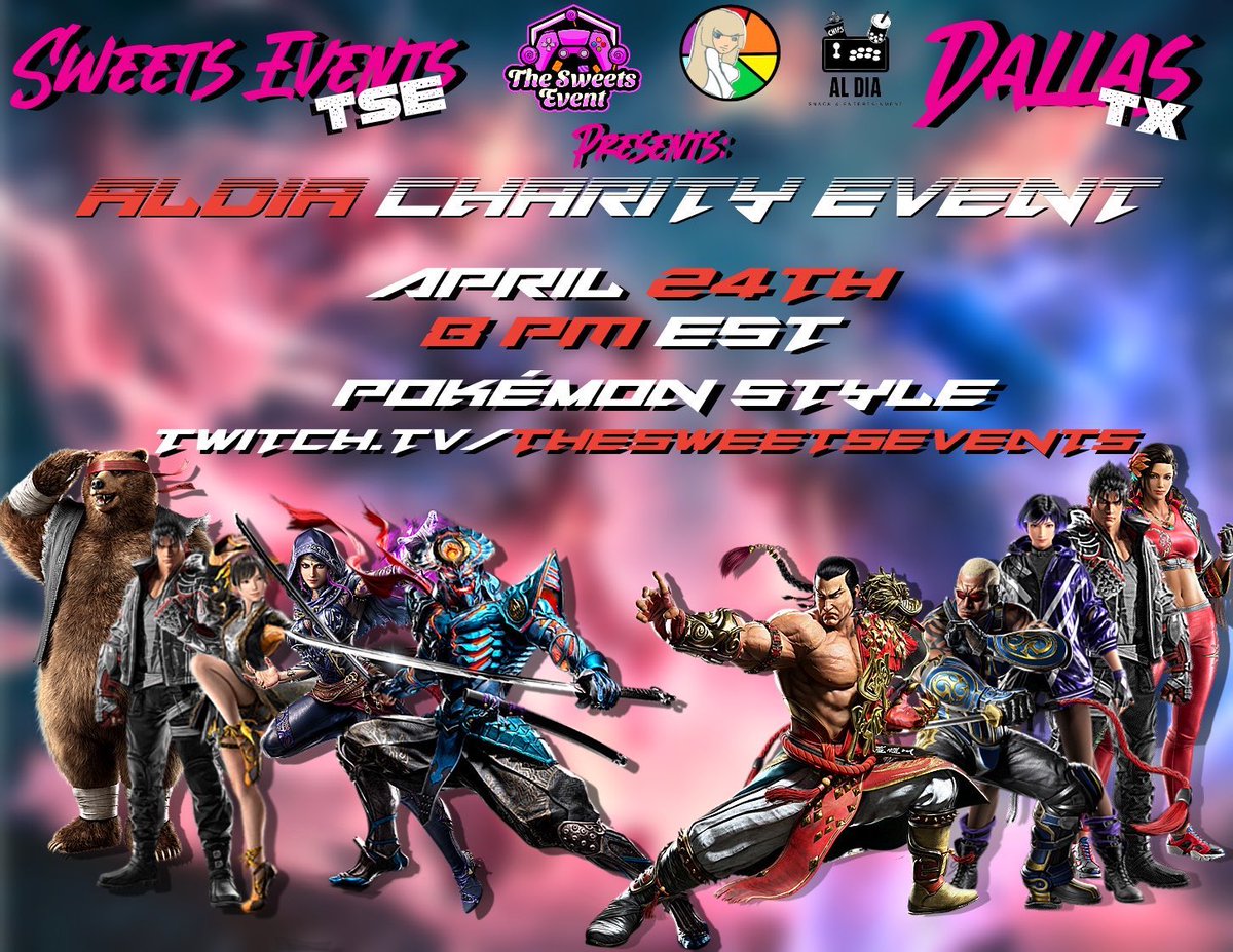 Brace yourselves for an epic clash! @aldiafgc Charity Event! 🌟 Join us for another sweet charity event as we face off against Team Dallas, TX in a Pokemon-style 5v5 #TEKKEN8 Exhibition! 📅 Date: April 24th 🕗 Time: 8:00 P.M. EST Team TSE: @trezizy, @SurgingStormGG,