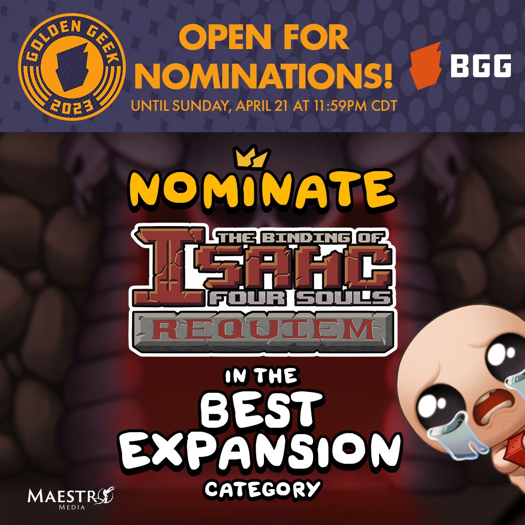 Love Binding of Isaac: Four Souls Requiem? Show us some love and nominate us for @BoardGameGeek’s Golden Geek Award in the Best Expansion category! The nomination period ends Sunday, April 21 at 1:59 PM CDT. We appreciate it! See comments for how to nominate us 👇