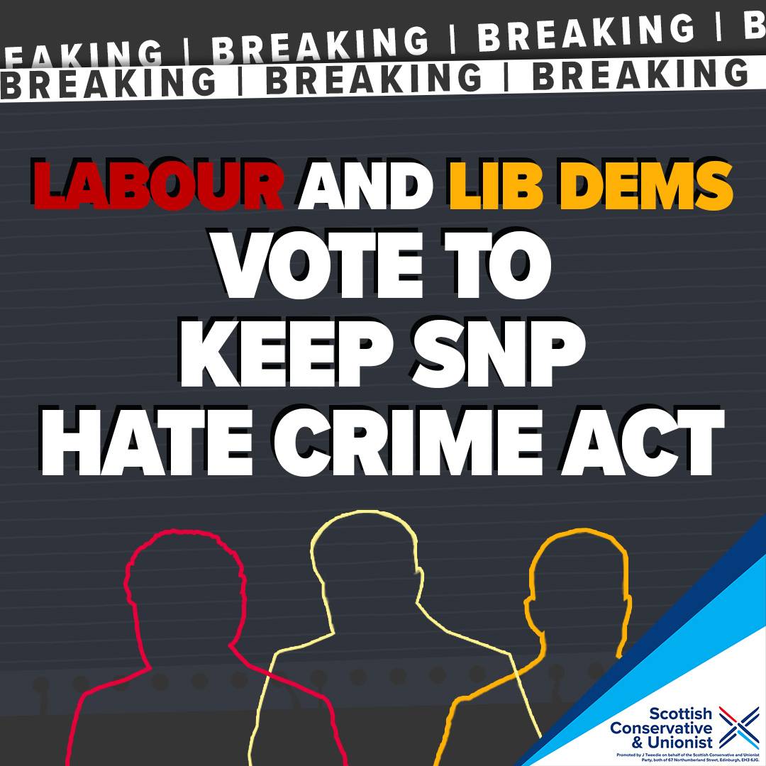 BREAKING: Scottish Labour and the Lib Dems have voted to keep Humza Yousaf's catastrophic Hate Crime Act. This was an opportunity to repeal this dangerous law but once again it is only the @ScotTories who are committed to binning it.