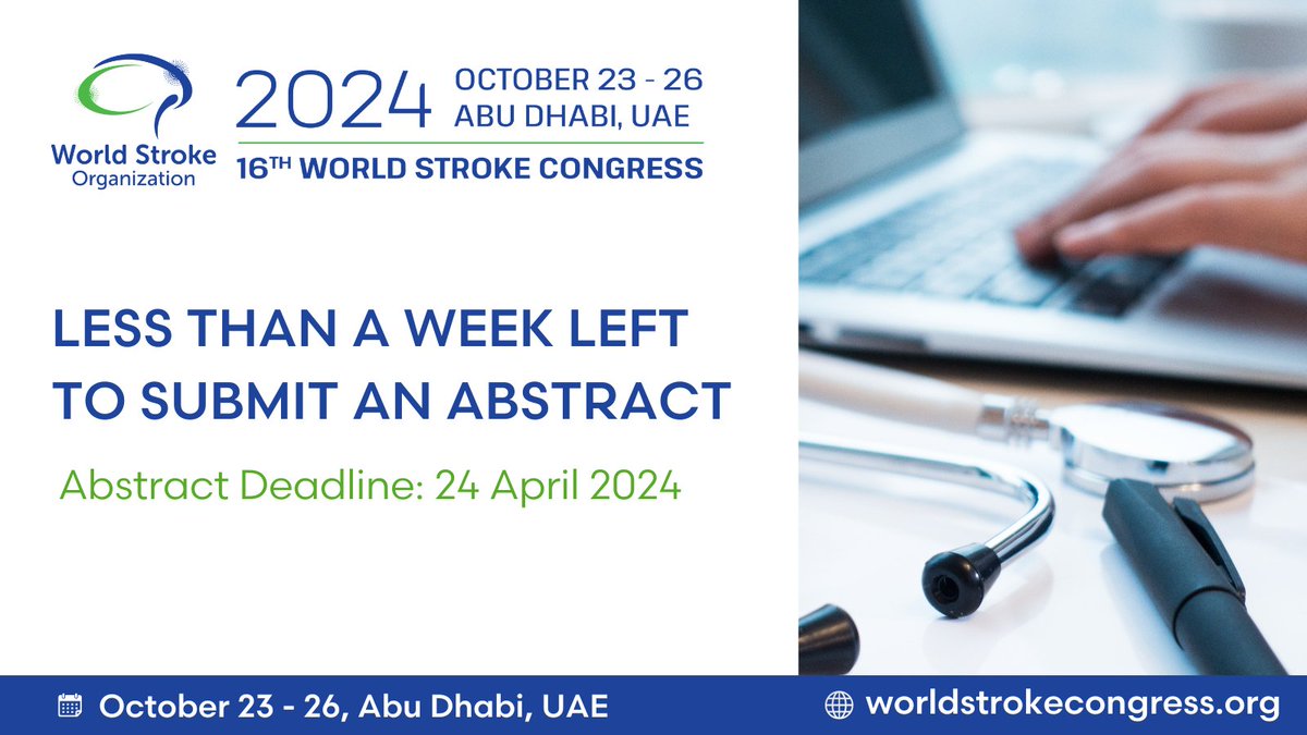 Less than one week left until the abstract submission deadline for #WSC2024! 
⏳ Present your groundbreaking research and contribute to the global conversation on #StrokeCare.

Submit your abstract before the deadline on April 24th: bit.ly/49KGqP8
#StrokePrevention