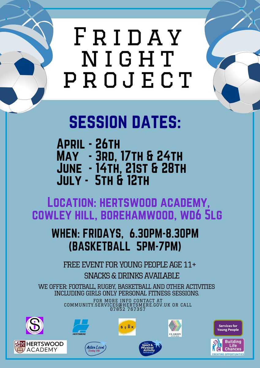 ⚽️🌙 FRIDAY NIGHT PROJECT🌙🏈 📆 April - July 24 📆 🗺 Hertswood Academy, Borehamwood FREE drop-in sessions for young people ages 11+. Football, Rugby, Basketball & other activities including Girls only personal fitness training ✨️ #BuildingLifeChances #youngpeople