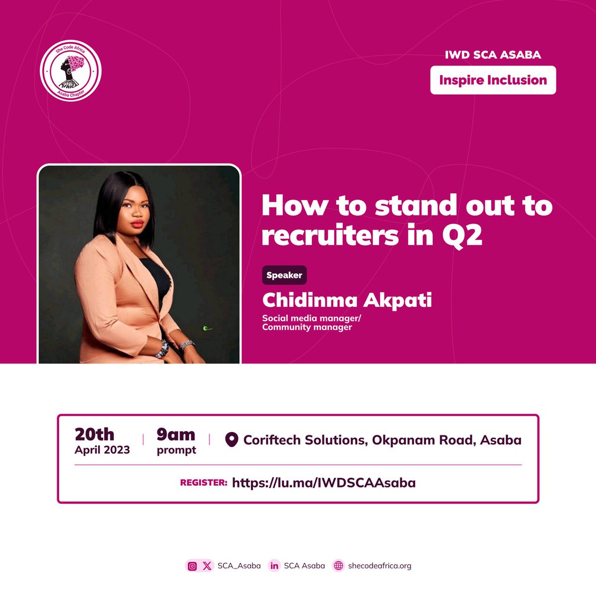 Exciting News! Meet the powerhouse speakers for our upcoming Women's Day Event!🌟

@akpati_chidinma @primfenny and Cynthia Orife

Join us to hear their incredible stories and insights. 
🗓️April 20th - 9am📍lu.ma/IWDSCAAsaba

#WomenInTech @SheCodeAfrica #SCA #SCAAsaba