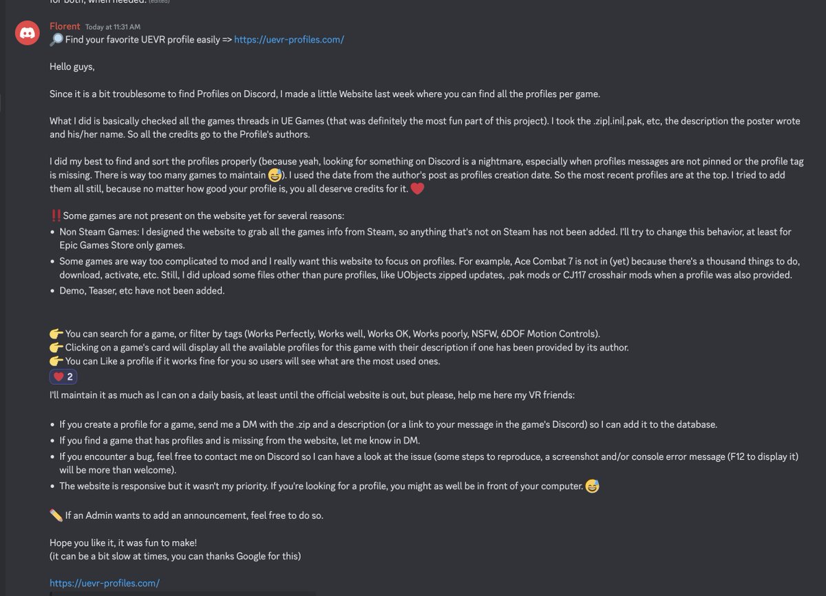 UEVR Profile Website uevr-profiles.com While an official UEVR Website to distribute UEVR profiles is still being worked on, Florent made a fantastic website that's a scrape of all the profiles currently on Discord at the time of this announcement (so may not always be up…