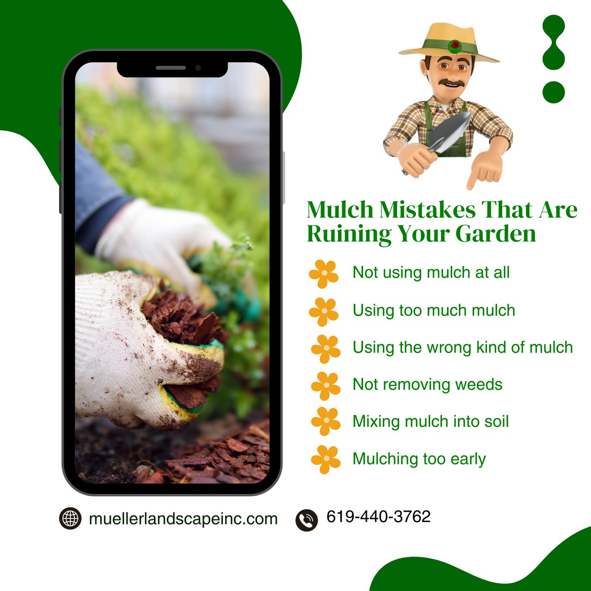 🌱 Using too much mulch can suffocate your plants, and using the wrong kind won't provide any benefits. Remember, mulch retains moisture, balances pH, and acts as a block against erosion. 🌿

source: outdoor-guide

#Gardening #GardeningGoals #GardeningTips #Mulch