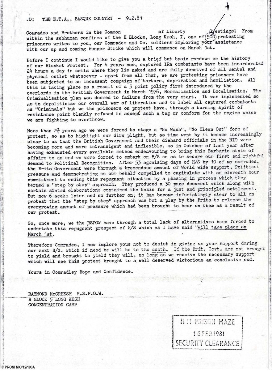 ETAri zuzendutako gutun historikoa R. McCreeshek gose grebalari 1981eko otsailak 16. Raymond Mc Creesh IRAko boluntario eta preso politikoa 1981eko maiatzaren 21ean erail zuten Britaniarrek 61 egun gose grebaren ondorioz. #GoseGrebalariak #Hungerstrikers