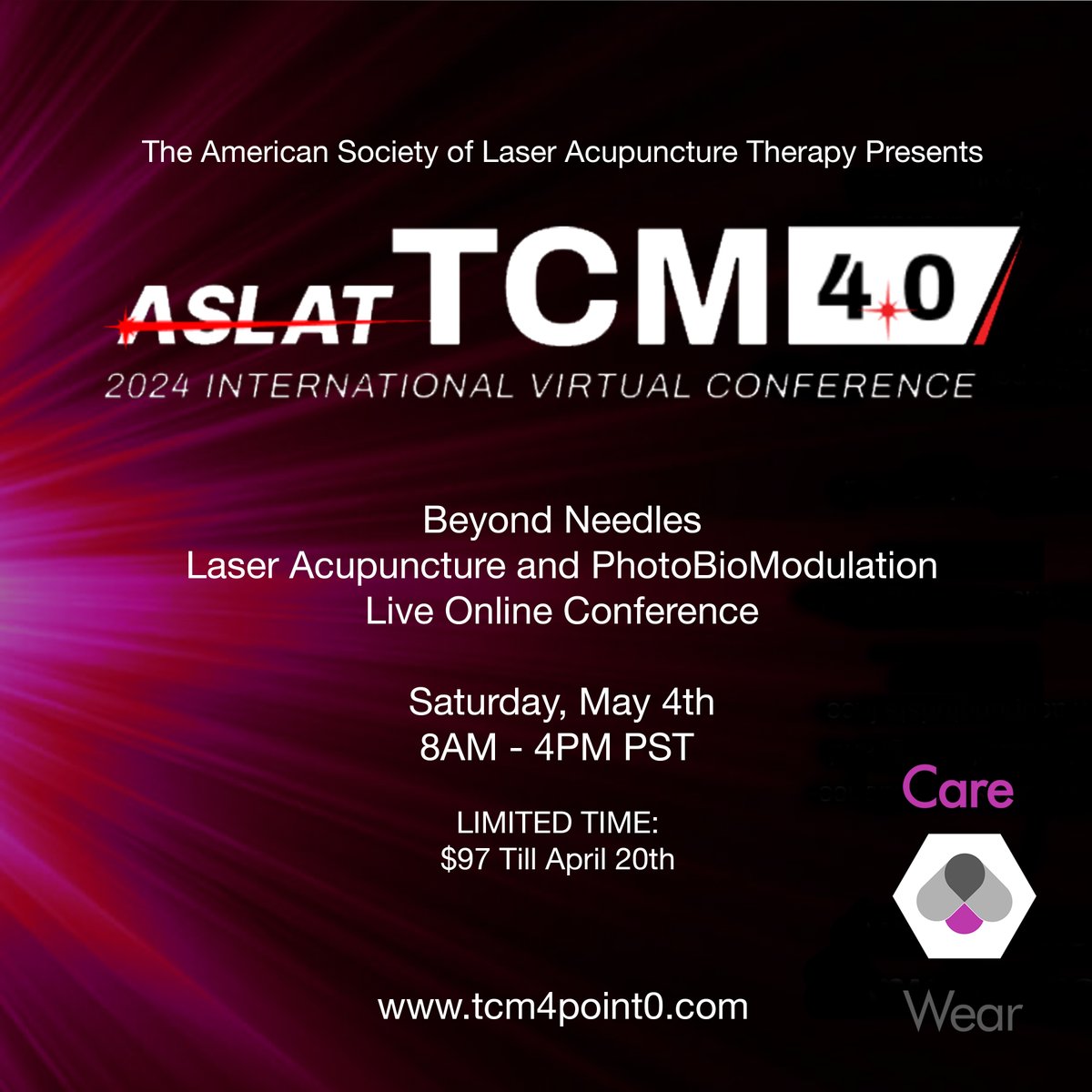 CareWear will be participating in the <a href="/aslmsedu/">ASLMS</a> online conference on Saturday, May 4th 2024.

Join us to learn how best to enhance the therapeutic effects of TCM acupuncture with light-based therapies. Live Q&amp;A with International Experts. Discounted pricing ends April 20th!