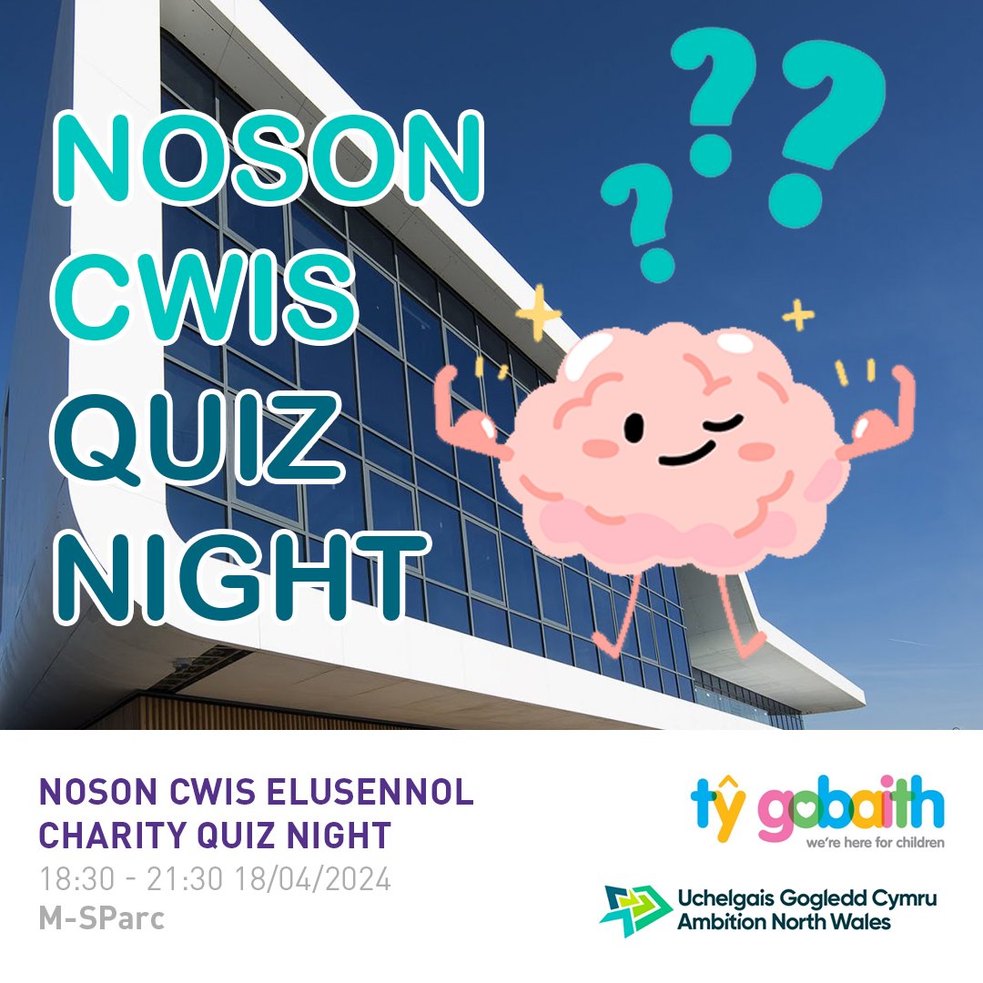 Noson Cwis Elusennol! 💪🧠 Charity Quiz Night! Ymunwch ag @UchelgaisGC am noson o hwyl a chodi arian nos fory (Dydd Iau 18/4). Cwis, raffl ac adloniant byw! £5 y pen, dewch a bwyd a diod eich hun! Join @AmbitionNW for a night of fun and fundraising tomorrow night (Thursday