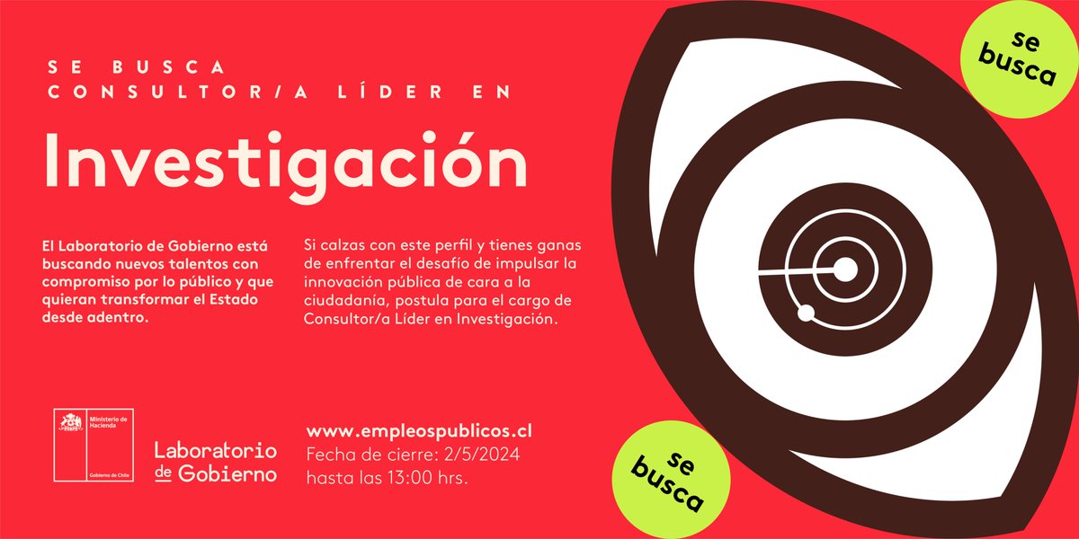 👉 El Lab te quiere encontrar 🔍 Estamos en búsqueda de profesionales que complementen nuestro equipo: Consultor o Consultora Líder en Investigación 👁 Conoce los requisitos y postula en hasta el 2/5 a las 13:00 hrs. empleospublicos.cl/pub/convocator…