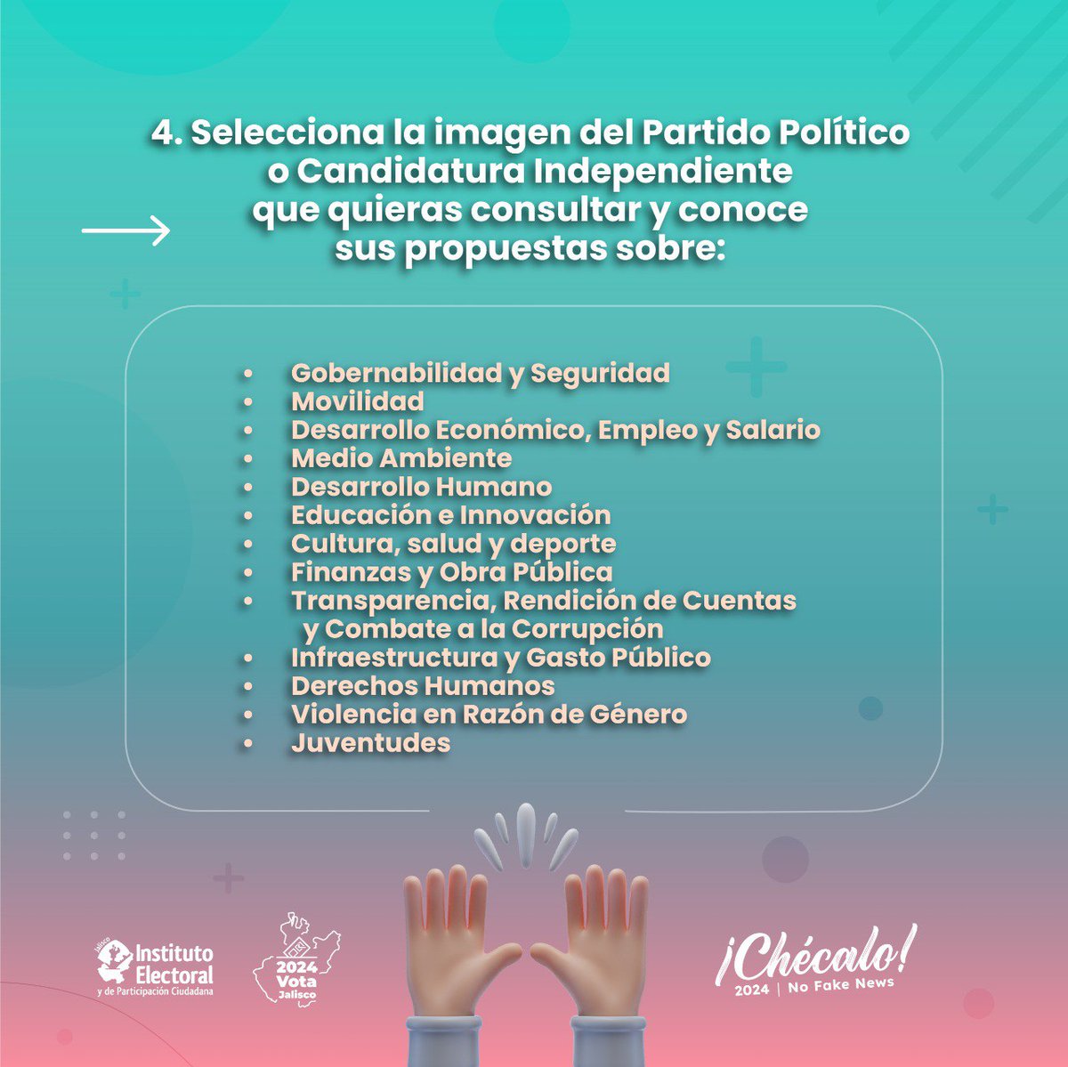 Sigue estos 4 pasos para consultar las plataformas de los #partidospolíticos en nuestra web 👁️✍️

#EsNetaVota #IEPCesChido #Elecciones #TuVozEsElPoder #JaliscoVota2024 #Elecciones2024