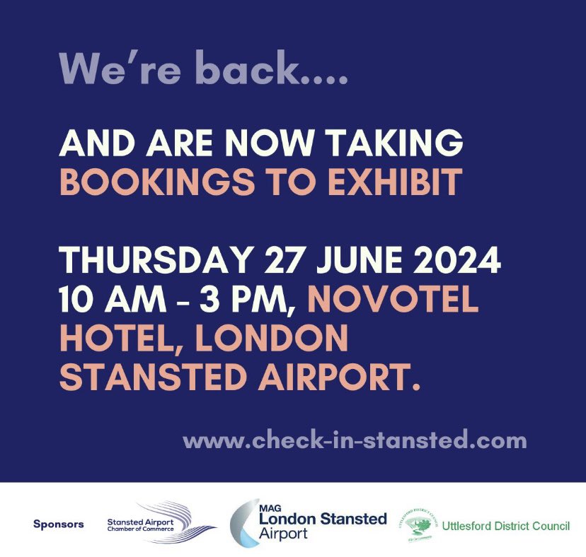 SACC BUSINESS (@stanstedchamber) on Twitter photo Calling all #businesses who want to #market their brands and services across the region.
Thurs 27 June will be the 10th <a href="/checkinstansted/">Check-in @ Stansted</a> #Business #Expo taking place at Novotel London Stansted Airport.
check-in-stansted.com
#networking #essex #Herts #cambridge #London Calling all #businesses who want to #market their brands and services across the region.
Thurs 27 June will be the 10th <a href="/checkinstansted/">Check-in @ Stansted</a> #Business #Expo taking place at Novotel London Stansted Airport.
check-in-stansted.com
#networking #essex #Herts #cambridge #London