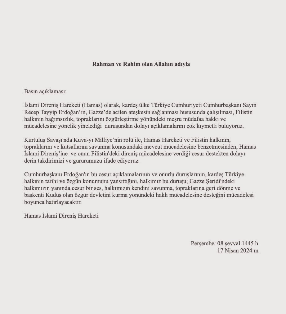 HAMAS, *'HAMAS ile Kuvayı Milliye aynıdır' açıklamasına yönelik Türkiye için bir teşekkür metni yayınladı.*