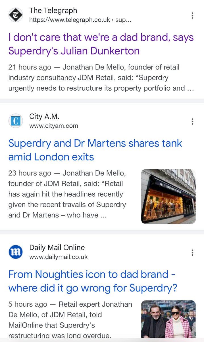 Superdry clearly a big news story at the moment in retail - not a bad 24 hours of coverage for JDM Retail in the national press - including <a href="/Telegraph/">The Telegraph</a>  <a href="/CityAM/">City A.M.</a> and the <a href="/MailOnline/">Mail Online</a>