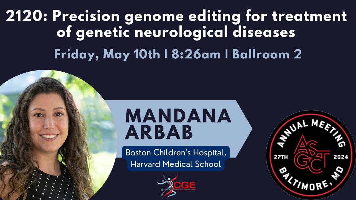 SCGE Phase 2 researcher Mandana Arbab (@MandanaArbab) is presenting on precision genome editing for treating genetic neurological diseases. Check it out this morning at #ASGCT2024