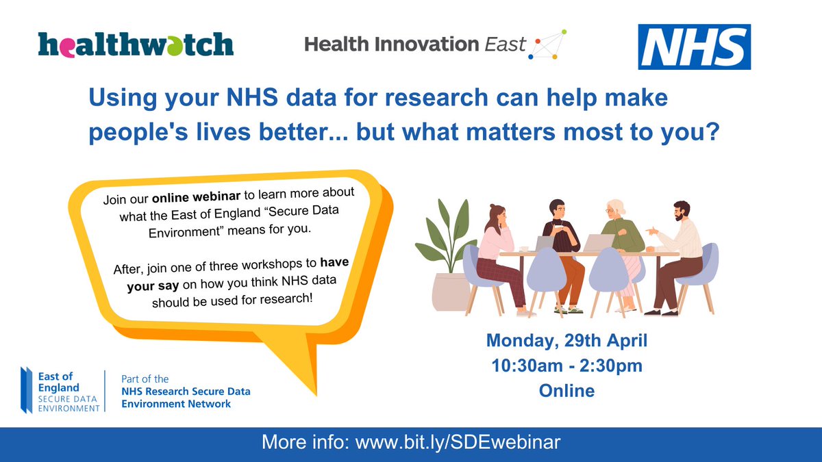 We're inviting people living in the East of England to tell us what matters to them when #NHS data is used for health research. Join us on Monday 29th April: 10:30 - 12:00 pm - Webinar introduction 1:00 - 2:00 pm - Choice of 3 workshops Register at eventbrite.co.uk/e/have-your-sa…