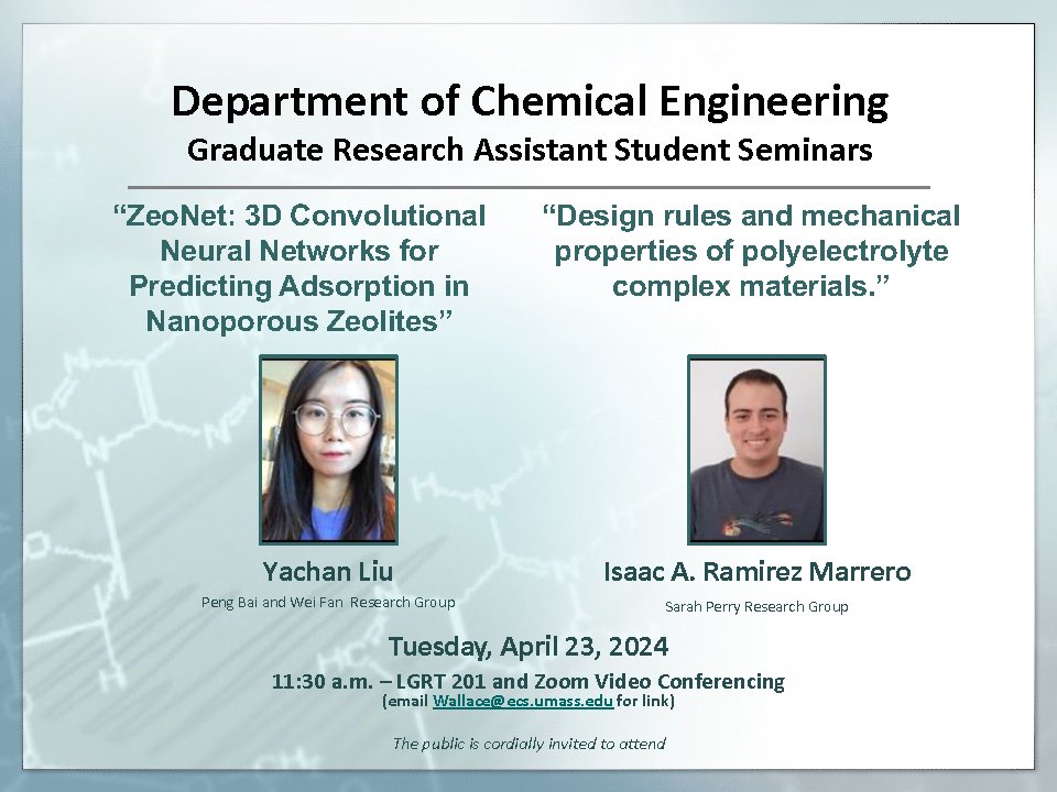 Join us for our next ChE G.R.A.S.S. (Graduate Research Assistant Student Seminars), – Isaac Andre Ramirez (Perry Group) and Yachan Liu (Bai/Fan Group)

Tuesday, April 23, 2024 at 11:30 in LGRT 201 and via Zoom