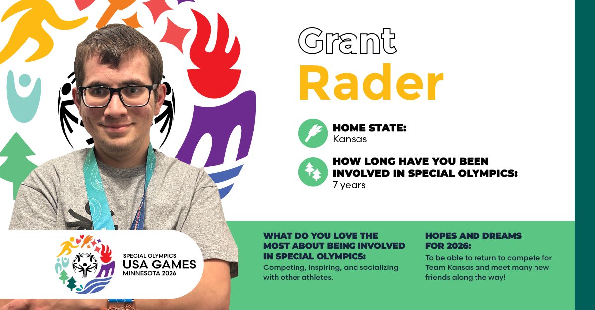 Meet Grant Rader! 🌟 He's an athlete from Kansas and competes in 🏀 ⛳ 🎳 🏃‍♂️ 🏐 & 🏈. He's a @2026USAGames Athlete Advisory Council member and provides feedback and ideas to the USA Games Board and the Leadership Team. #2026USAGames #CallingAllChampions #InclusionRevolution