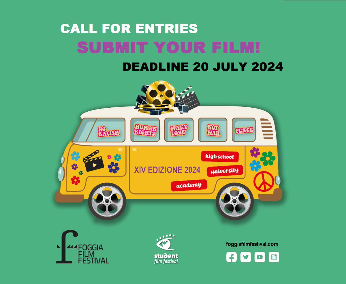 📷 APERTE ISCRIZIONI XIV EDIZIONE FOGGIA FILM FESTIVAL 2024. Le candidature dovranno inviarsi a mezzo mail entro le ore 13:00 del  20 luglio 2024. Sul sito foggiafilmfestival.com è disponibile il Bando 2024 per iscrivere lungometraggi,  documentari e cortometraggi.