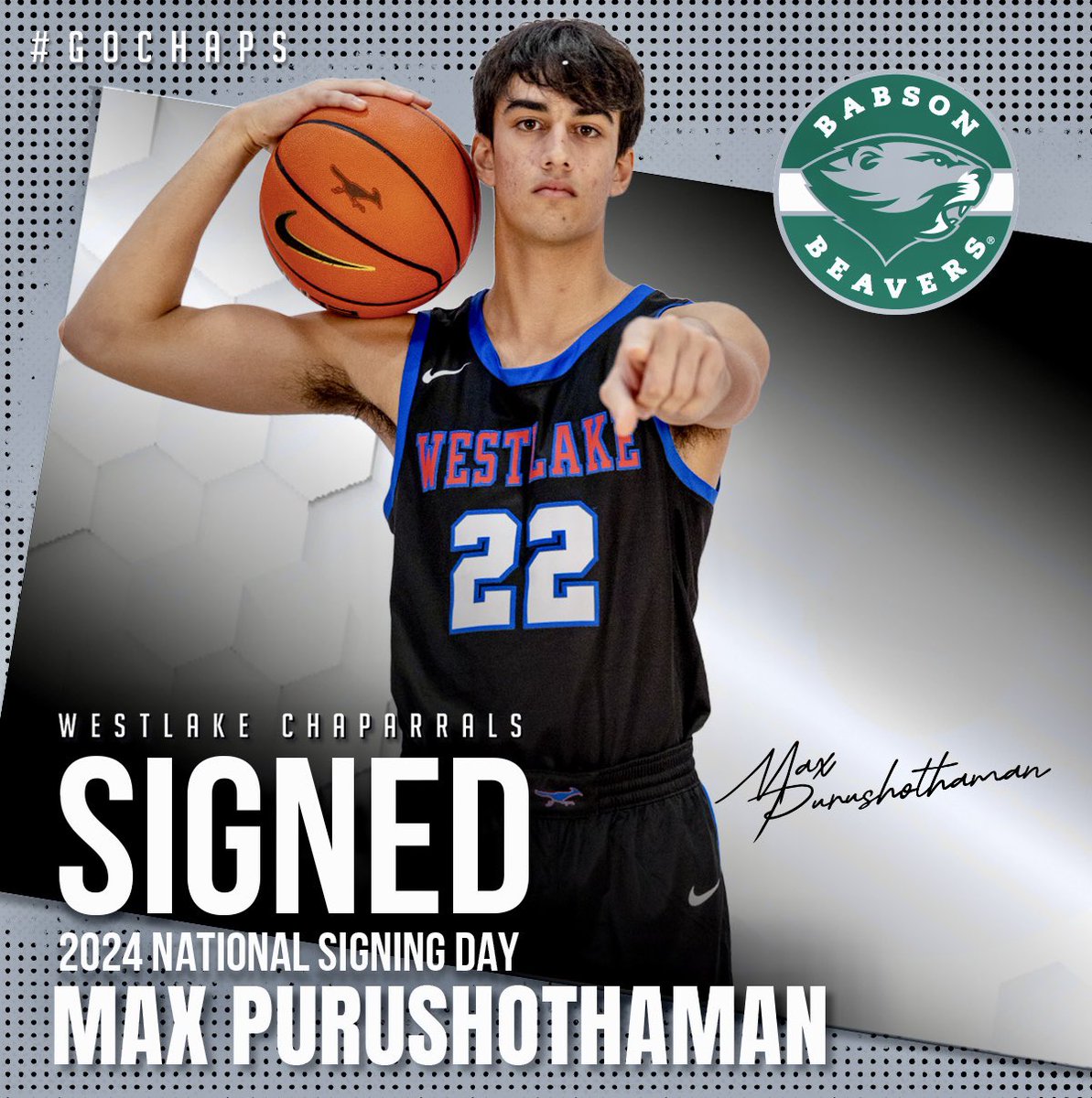 Congratulations to Max Purushothaman as he will continue his academic and basketball career at Babson College in Massachusetts. #GoBabo #GoChaps