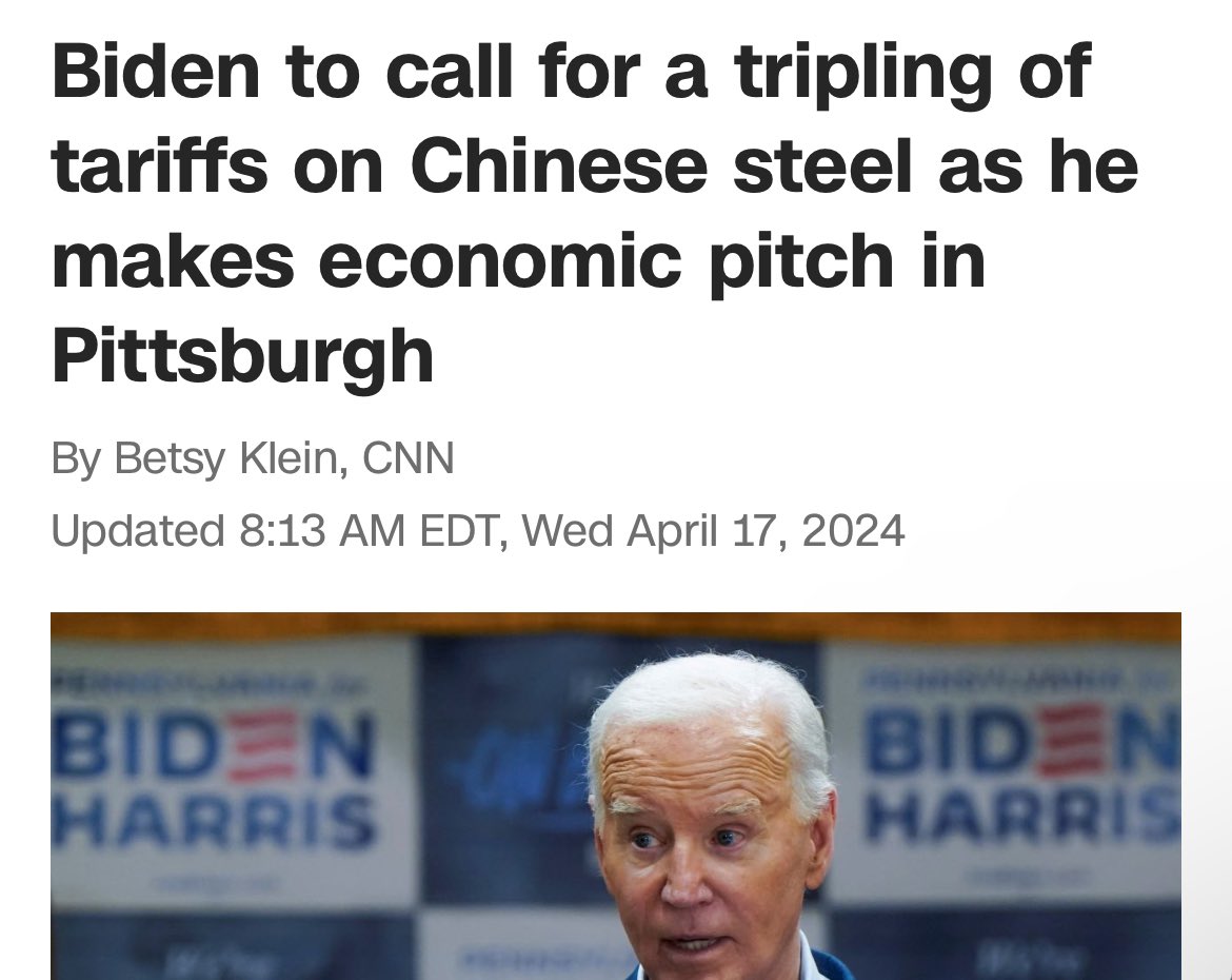 Wait a minute… when Trump says he wants to impose tariffs, everyone makes a big deal about it; claiming that those costs will be passed down to the American tax payers.. But everyone’s quiet about Biden’s call to TRIPLE tariffs?? 🦗