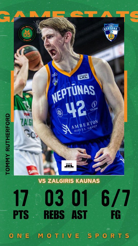 Massive performance today from OMS Family, Tommy Rutherford @tom_ruth42 against Lithuanian power and Euroleague @EuroLeague squad, Zalgiris! The UC-Irvine @UCImbb product had 17 points on 6/7 shooting, 3 rebounds and an assists in Neptunas 114-112 upset win! #OMS