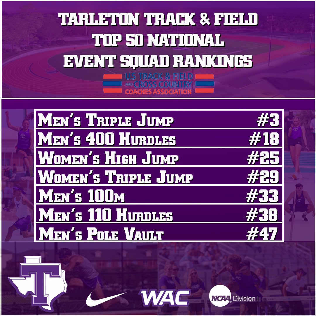 Tarleton Texans have 7 different event groups ranked in the USTFCCCA Top 50 National Rankings!!