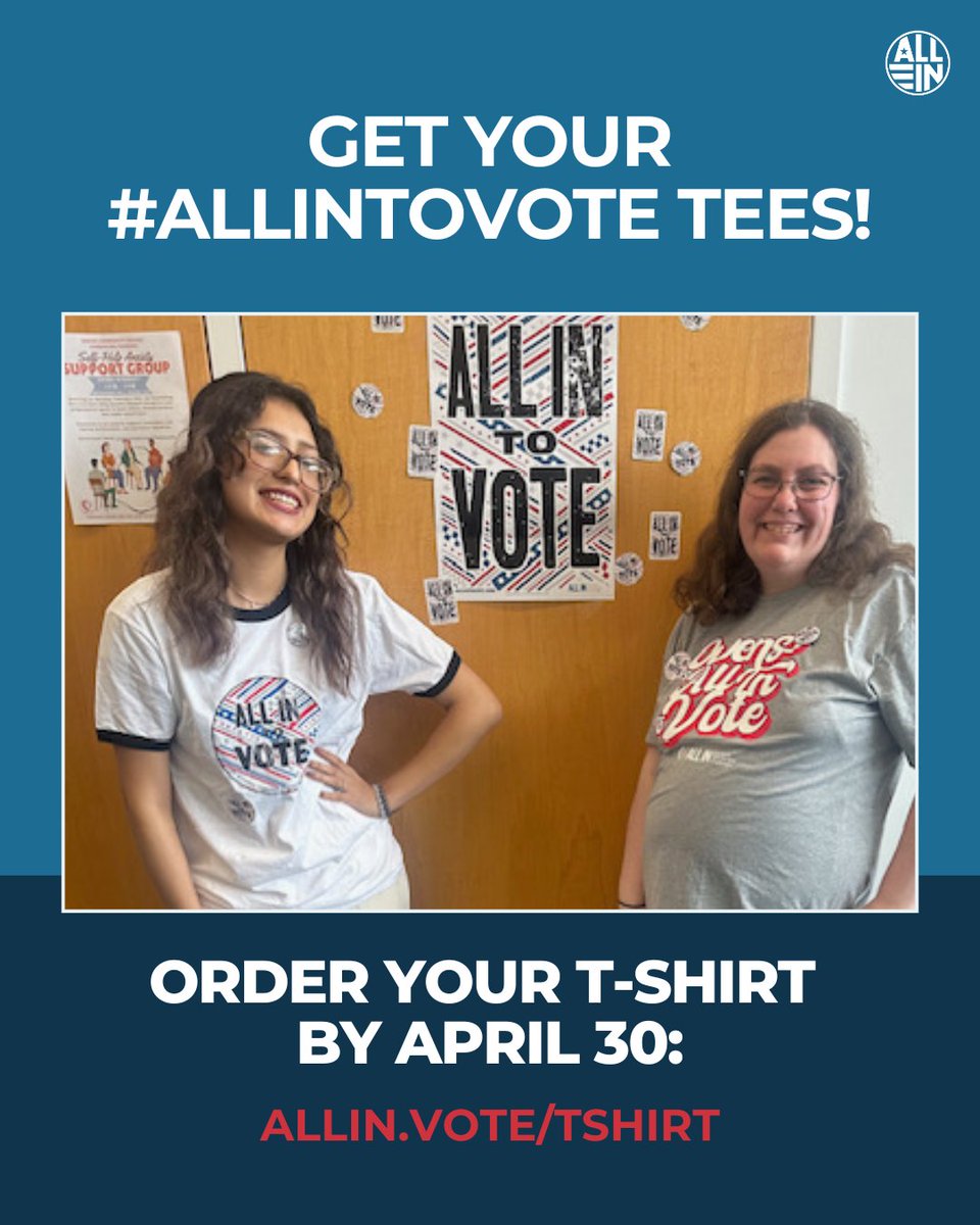 Get your #AllInToVote swag to rock on campus this fall! 😎 Support ALL IN by buying a t-shirt before the end of this month: allin.vote/tshirt