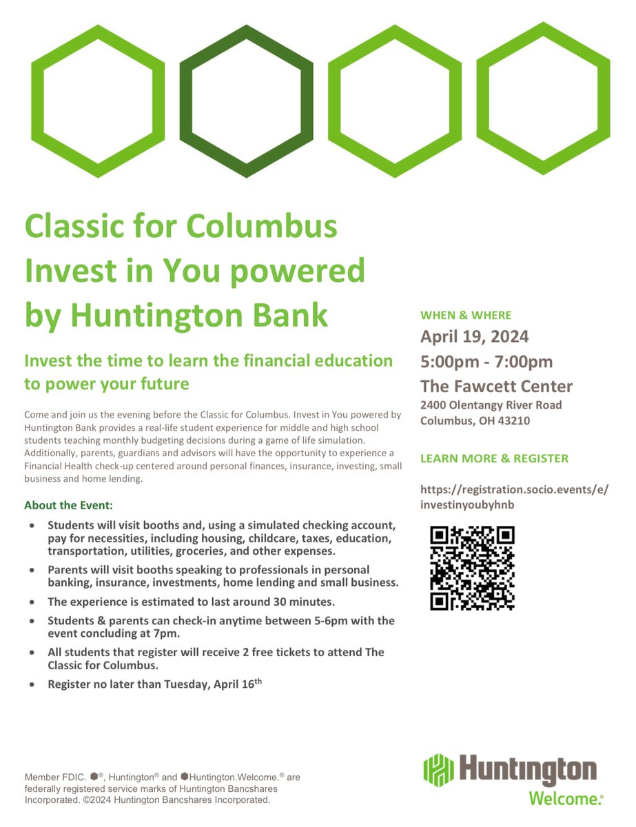Huntington Bank invites all middle/high school students to the Classic for Columbus Invest in You this Friday from 5-7 p.m. at the Fawcett Center. Students will learn monthly budgeting decisions in a game of life simulation and receive tickets for Saturday's game! #OurCCS