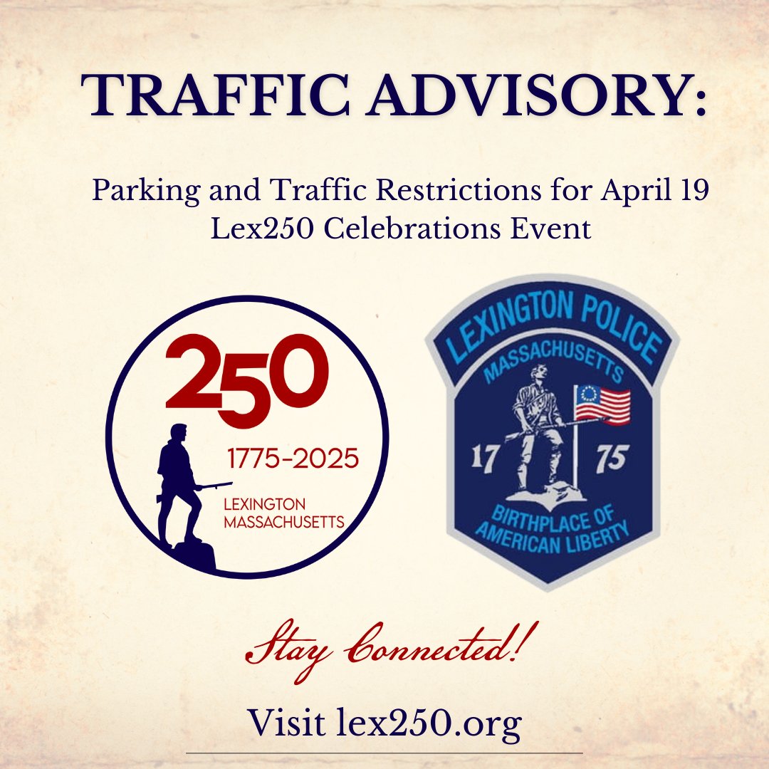 TownOfLexMA's tweet photo. Traffic advisory for Friday, April 19 in the area immediately surrounding Cary Hall.

There will be multiple parking restrictions in place. 

Check out the details of the event -- a grand unveiling of a calendar counting down the days until Lex250: https://t.co/uoF75kwbGM https://t.co/41v0KKEL3o