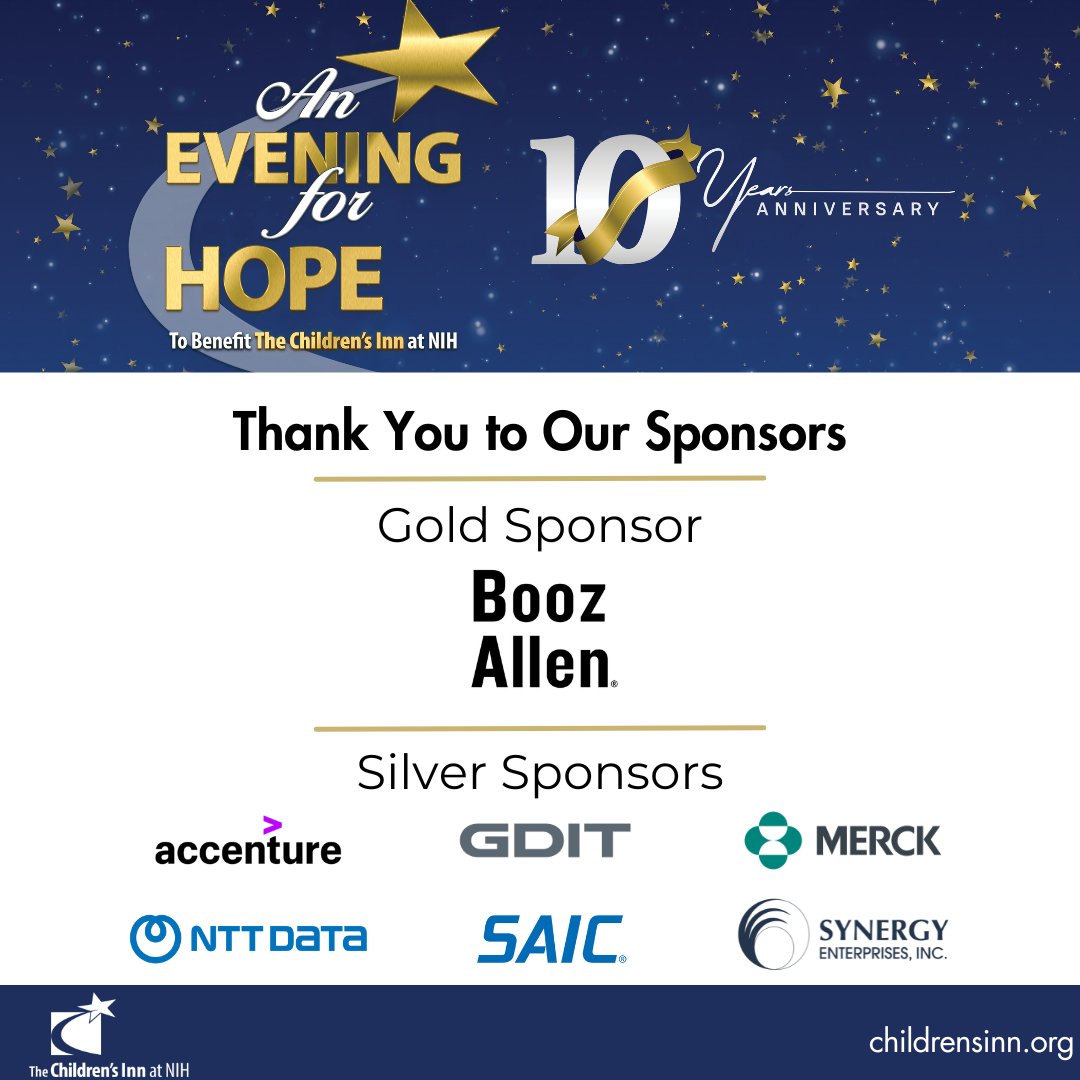A special thank you to our An Evening for Hope Gold Sponsor @BoozAllen and Silver Sponsors @Accenture, @GDIT, @Merck, @NTTDATAServices, @SAICinc, and @SEIServices. We appreciate your continued support in making The Inn 'a place like home' for all our guests.