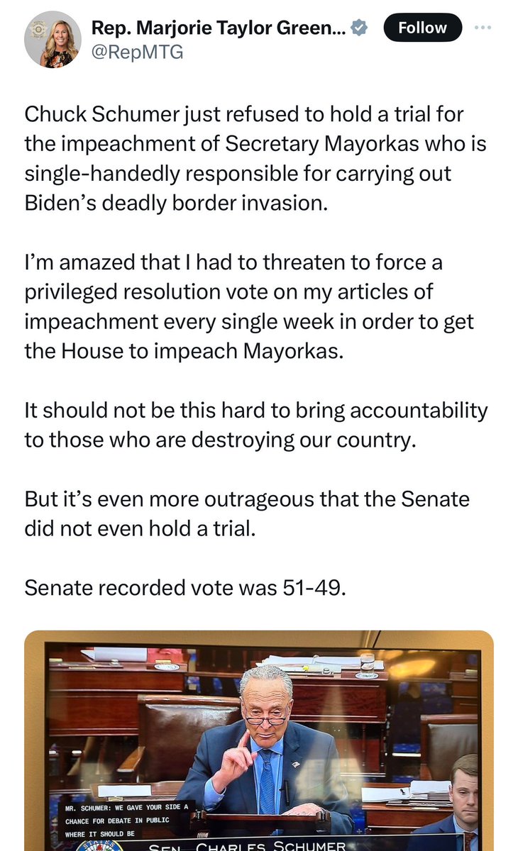 DittiePE's tweet image. Another dipshit that doesn’t know how laws and impeachments work. 

Dumbo the Nazi thinks that just because her Putin puppet party barely passed the impeachment in the House, the senate should automatically follow suit. 

Doesn’t work that way, @RepMTG. Laws matter. You’ve proven…