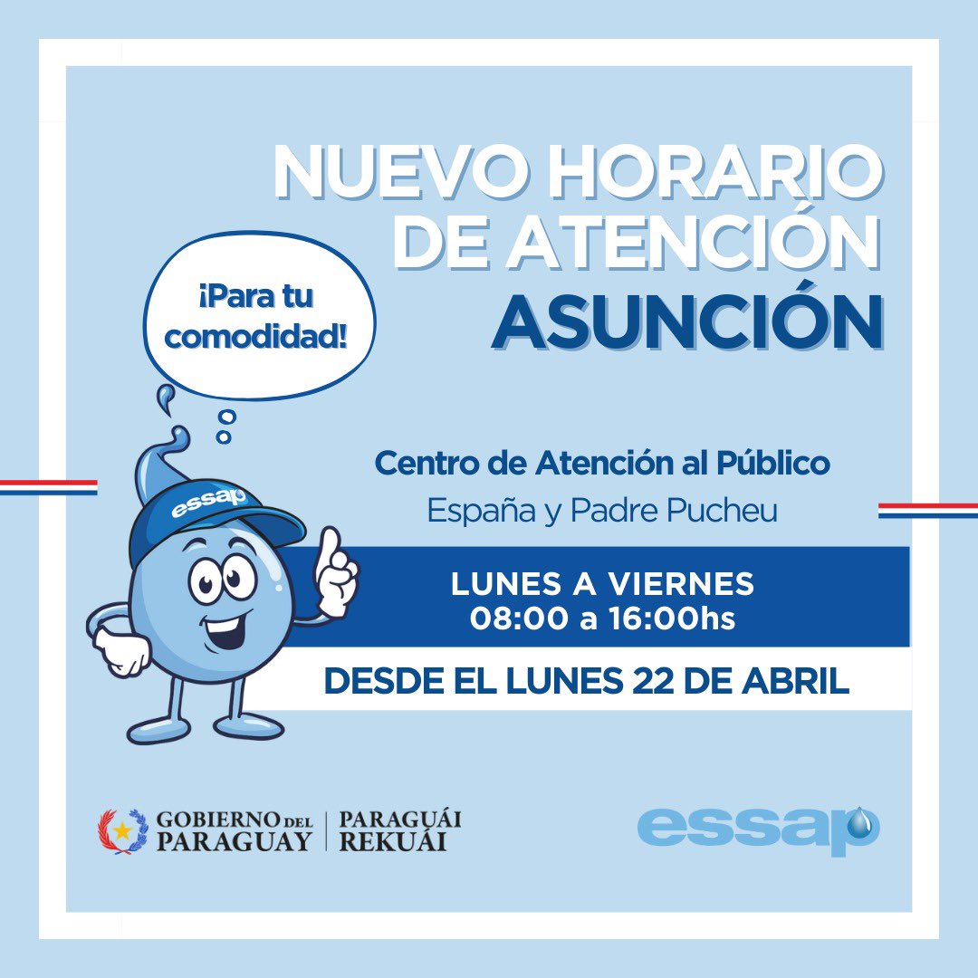 ¡Atención! Para mayor comodidad de nuestros usuarios, desde el próximo lunes 22 de abril, nuestro Centro de Atención al Público de Asunción tendrá nuevo horario. 🕢 Lunes a viernes de 08:00 a 16:00 #GobiernoDelParaguay