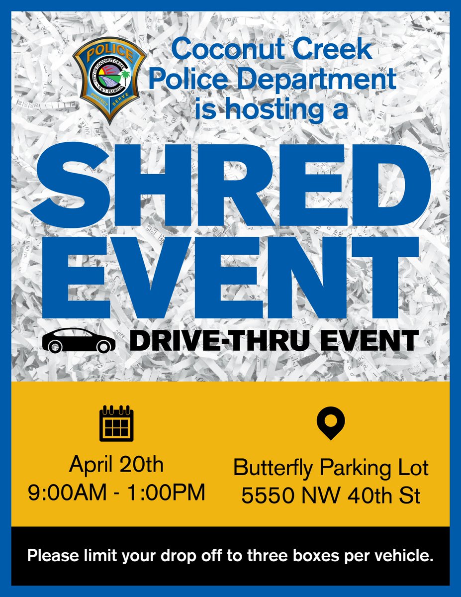 Identity thieves don't want you to see this post. Make their lives a lot harder by bringing your unwanted papers to our #ShredEvent on Sat, Apr 20, from 9 am - 1 pm at the Butterfly Lot [5550 NW 40th St]. Creek residents only. 3 box limit. All documents will be shredded onsite.