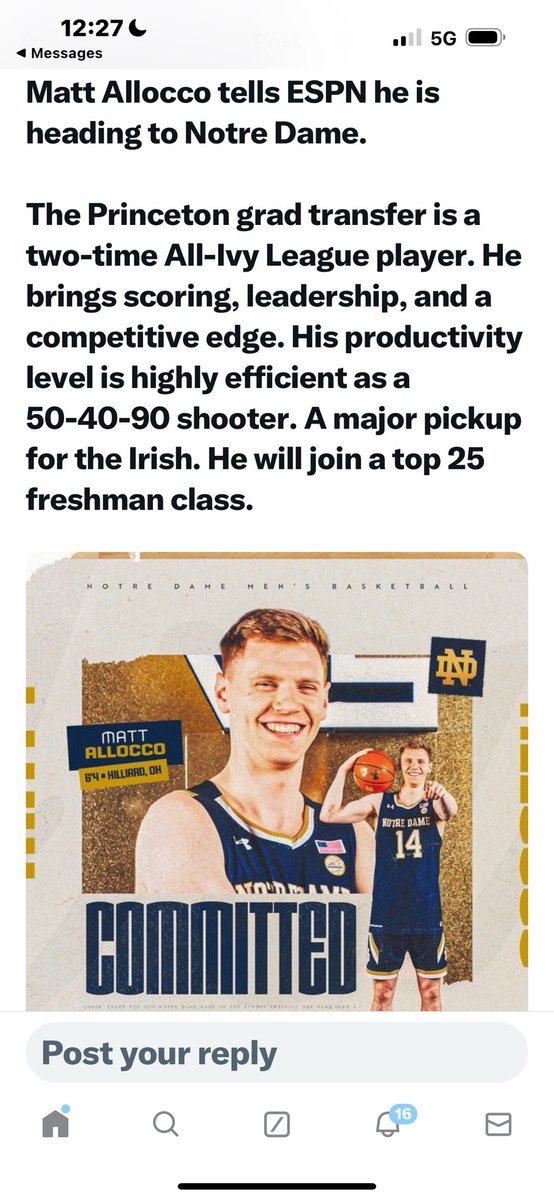 Look for @NDmbb to make a positive jump in 2024-25 Has a top 25 recruiting class according to @PaulBiancardi & just received a really good addition thru the transfer portal in @PrincetonMBB ‘s MATT ALLOCCO