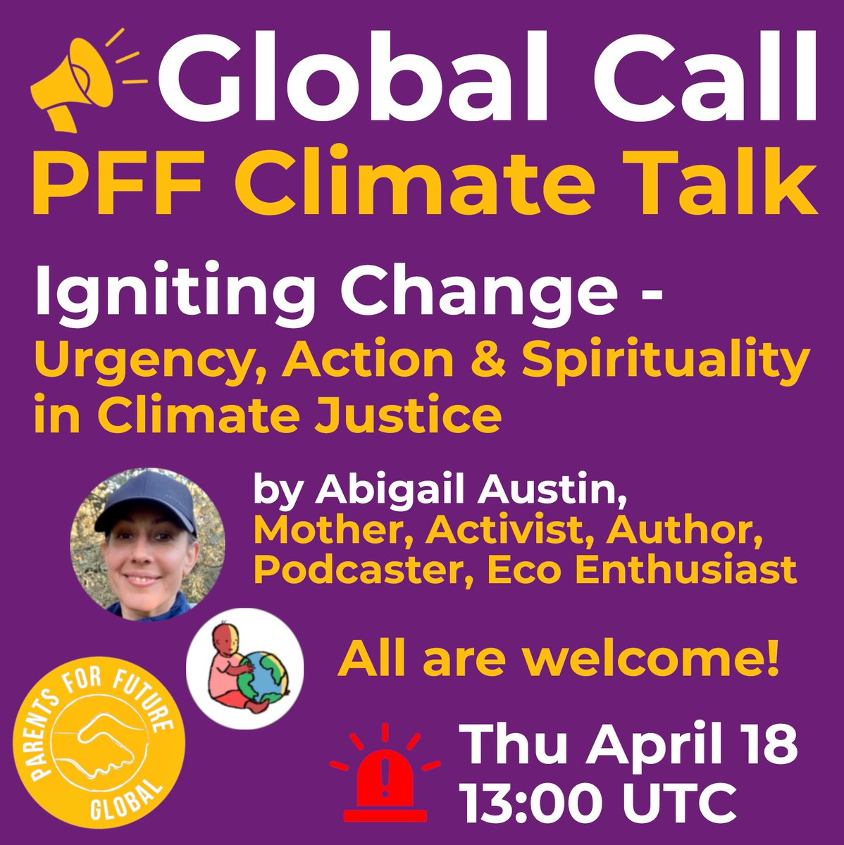 Welcome to the special edition of our PFF Climate Talk for the #GlobalClimateStrike “Igniting Change - Urgency, Action & Spirituality in Climate Justice” Thu, Apr 18 13:00 UCT #ClimateJusticeNOW With Abi Austin, mother, activist, author and podcaster. All are welcome!