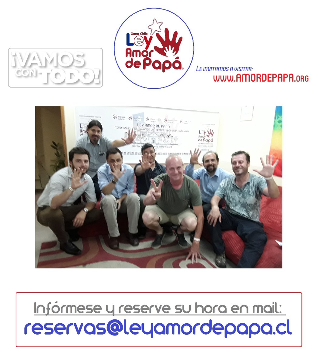 AmordePapa's tweet photo. TODOS ELLOS FELICES Y EMPODERADOS TRAS HABERSE CAPACITADO EN NUESTRA #LEYAMORDEPAPÁ

Ahora lo esperamos a usted, escríbanos al mail: reservas@leyamordepapa.cl

¿HASTA CUÁNDO ESPERARÁ PARA DEFENDER LOS DERECHOS DE SUS HIJOS E HIJAS?

¡VAMOS CON TODO!

https://t.co/0uw5qCulEv https://t.co/gyBd2uQ9YF