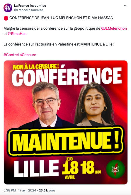 J’ai l’impression que le shmilblick et la confusion viennent du terme 'conférence' utilisé je pense à dessein par #LFI. En effet, les universités accueillent des 'conférences' de tout temps, mais quid des meetings politiques racistes/antisémites ? C’est permis ? Vraie question !