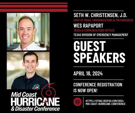 Look forward to speaking at this week’s #MidCoastHurricaneConference with @WesRap in Victoria, Texas! 🌀🌀🌀 We’ll be talking #CrisisCommunications, #PublicInformation, and #SocialMedia use during disasters. #EMGTwitter #txwx