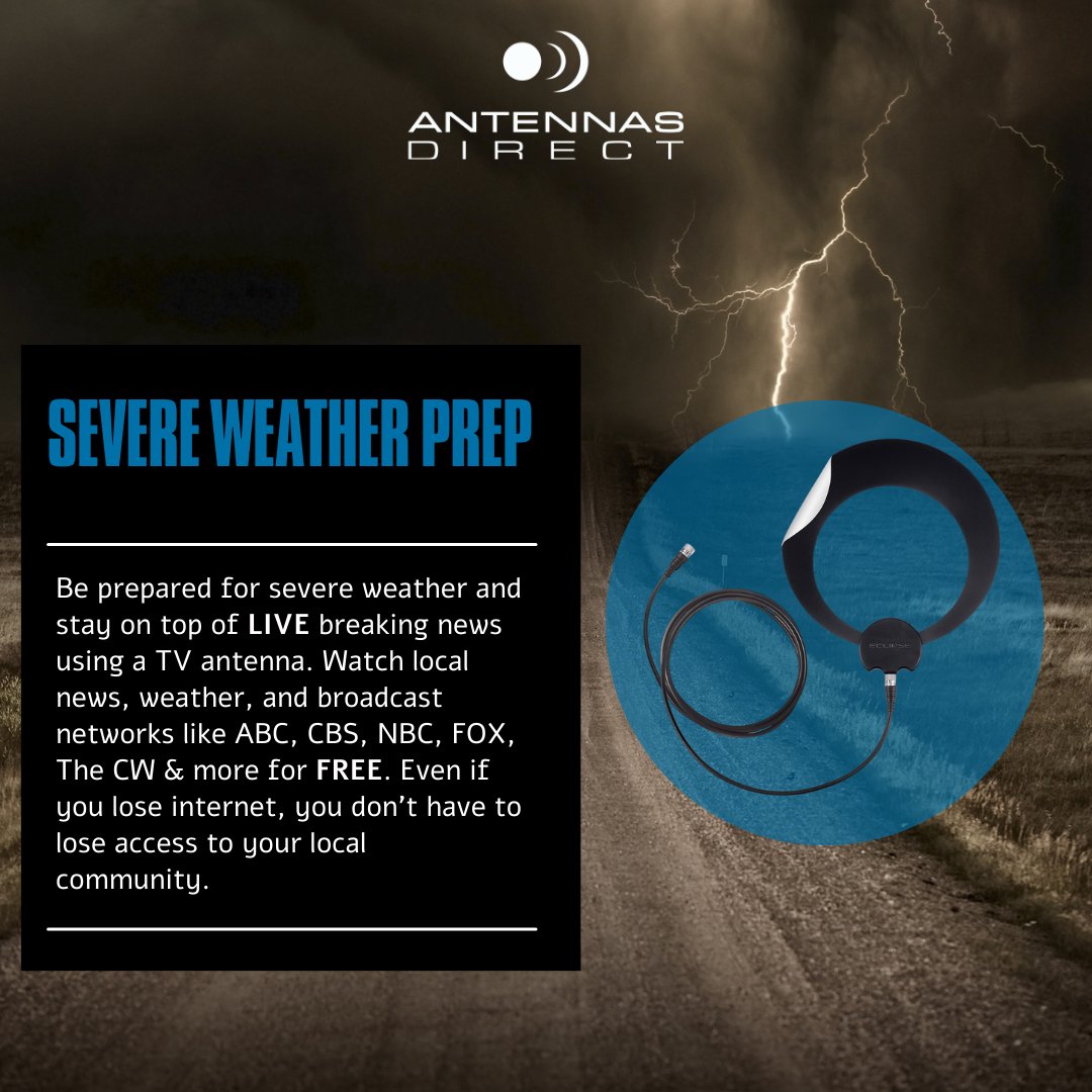 Antennasdirect's tweet image. 🌩️🌪️Spring is here and so is severe weather! With a ClearStream TV antenna you can get the most up-to-date information, from severe weather warnings to breaking news. Stay informed and stay safe! 📺 #severeweather #warnings #TVantenna

GET PREPARED NOW: store.antennasdirect.com/HD-TV-antennas…