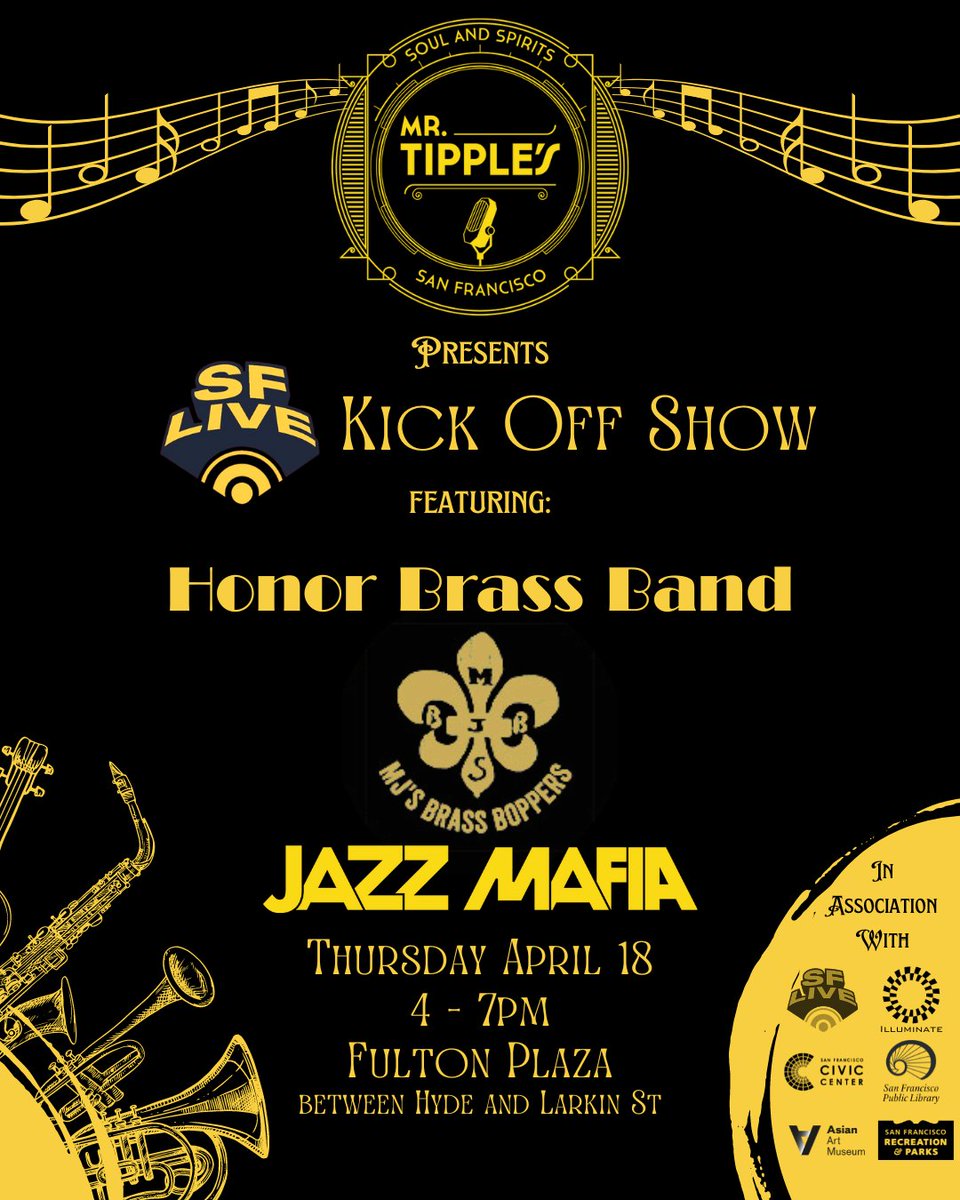 We are proud to partner w/ SF Live and @MrTipplesSF to bring you a free brass band show Thu 4/18. The music kicks off at 4pm w/ 3 explosive brass bands: Honor Brass Band Jazz Mafia MJ's Brass Boppers Come enjoy a funky good time in Fulton plaza. @recparksf @SFPublicLibrary
