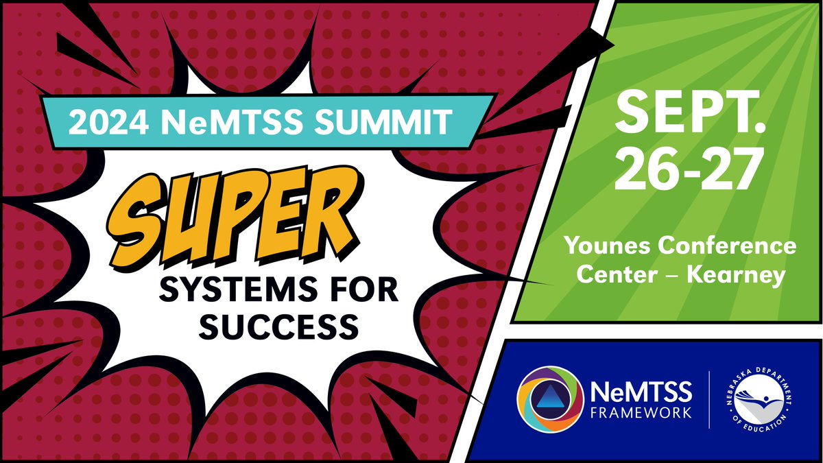 #Nebraska educators: Register now for #NeMTSS24, Super Systems for Success! Join us in person or virtually Sept. 26-27 to hone your “superpowers” to systematically promote inclusive practices and support staff in improving outcomes for all students. 💥 nemtss.unl.edu/2024-summit/