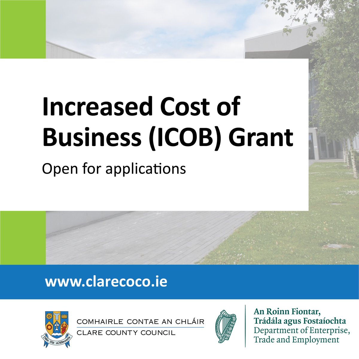 The deadline for Increased Cost of Business (ICOB) grant registration is fast approaching!

Businesses have until May 1st to register on the ICOB Portal at icob.ie.

Visit icob.ie for more information.